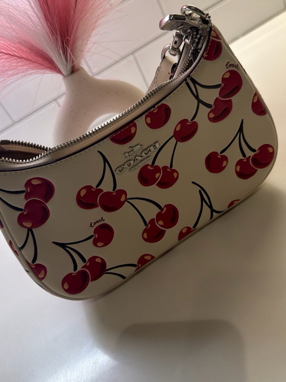 Coach Teri Shoulder Cherry Print Cream Leather Shoulder Bag